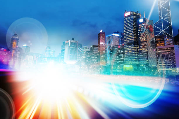 istock Abstract Light trails background with Hong Kong City scraper. double exposure 1074030032