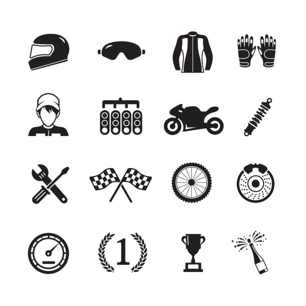 Moto racing icon Motorcycle racing icon, Set of 16 editable filled, Simple clearly defined shapes in one color, Vector sports glove stock illustrations