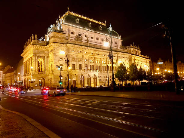 Prague, Czech Republic - July 5,2016: External night shot of he National Theatre ( Narodní divadlo) known as the alma mater of Czech opera, and as the national monument of Czech history and art.