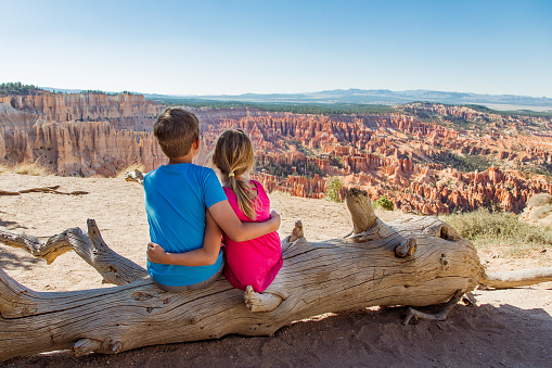 A caucasian girl and boy siting on a log with their backs to the camera in an embrace while looking at Bryce Canyon's amphitheater.