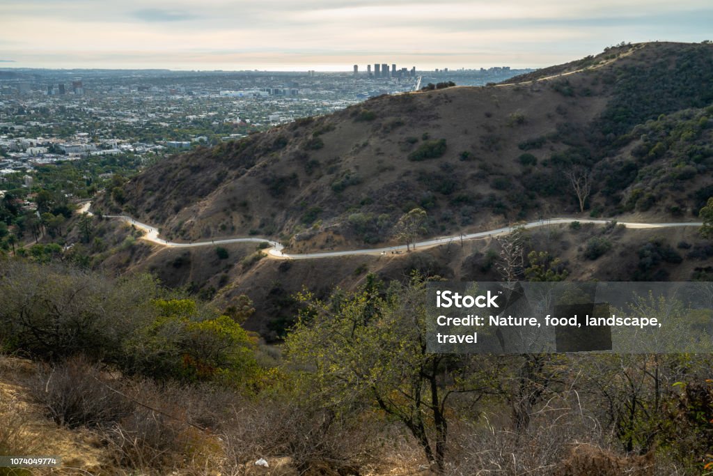 Runyon Canyon Park, Los Angeles, California Sunset in Los Angeles, top view from Runyon Canyon Park Canyon Stock Photo