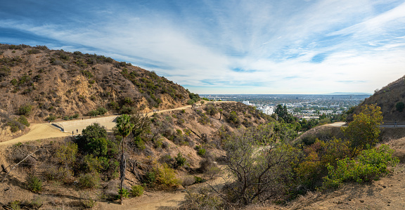 Public Park in Los Angeles, beautiful Runyon Canyon Park, top view of the city and Hollywood Hills