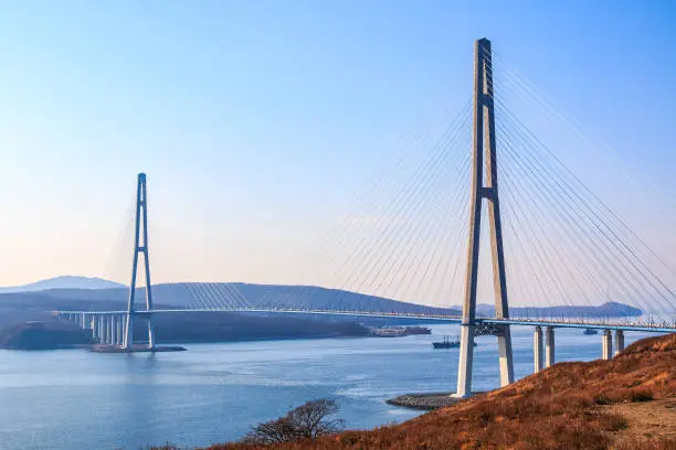 Suspended cable Russian bridge from the mainland of the Far-Eastern city of Vladivostok to the Russky island through the Eastern Bosphorus Strait.