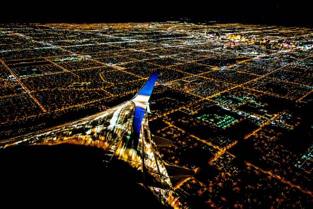 Las Vegas City lights from airplane at night stock photo