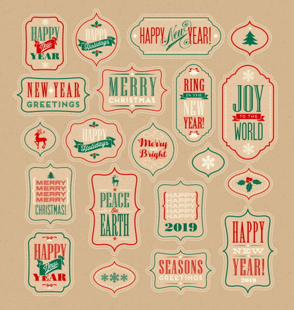 Vintage Christmas and New Years design elements for gift tags, stickers. Christmas and New Years Holiday design elements for gift tags, greeting cards, banners. Vintage typography designs. label borders stock illustrations