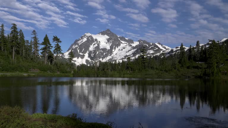 wide view of mt shuksan and picture lake on a summer evening