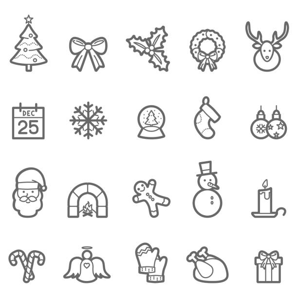 рождественская линия иконы установить - bird christmas holly christmas stocking stock illustrations