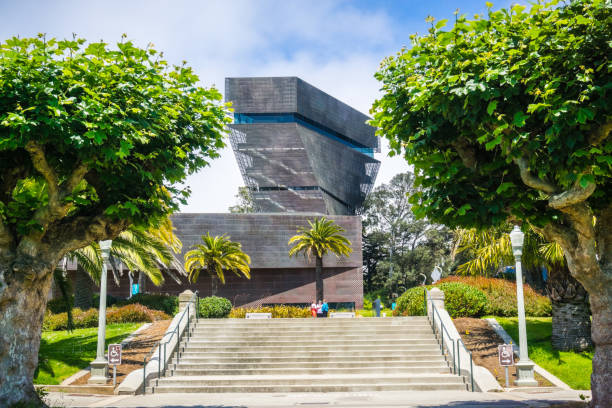 July 20, 2018 San Francisco / CA /USA - Steps going towards the De Young Museum building and tower, visible in the background, Golden Gate Park