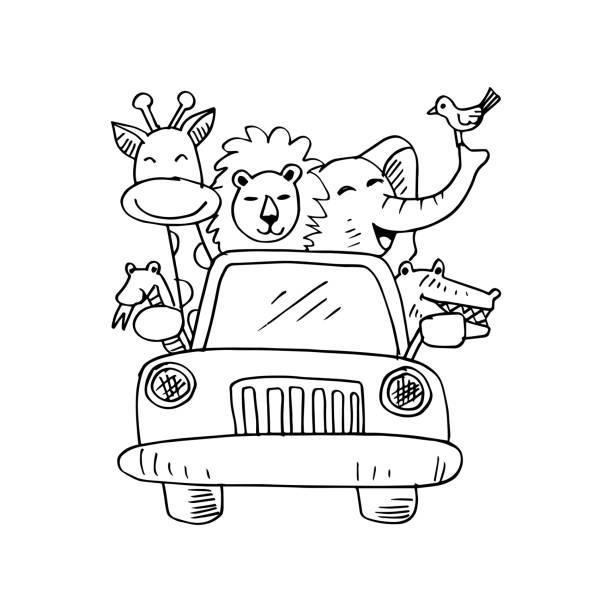 illustrations, cliparts, dessins animés et icônes de animaux mignons en voiture sur la route. fond blanc. - vector elephant isolated on red female animal