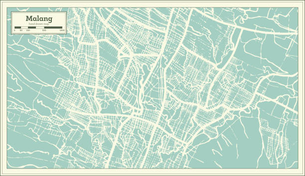 복고 스타일 말 랑 인도네시아 도시 지도입니다. 개요 지도입니다. - malang stock illustrations