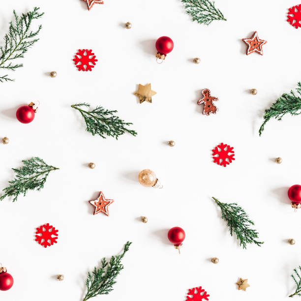 Christmas composition. Fir tree branches, decorations on white background. Christmas, winter, new year concept. Flat lay, top view, square