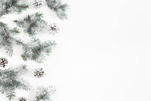 istock Christmas composition. Frame made of fir tree branches, pine cones on white background. Christmas, winter, new year concept. Flat lay, top view, copy space 1074099504