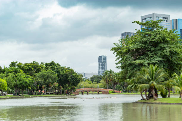 istock Concrete bridge crossing the pond In a public park. 1074099608