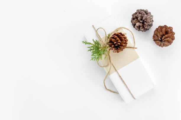 istock Minimal Christmas and New year flat lay gift box with pine tree and pine cone on white background 1074108342