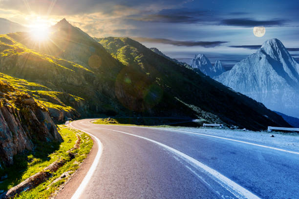 time change above the road in mountains