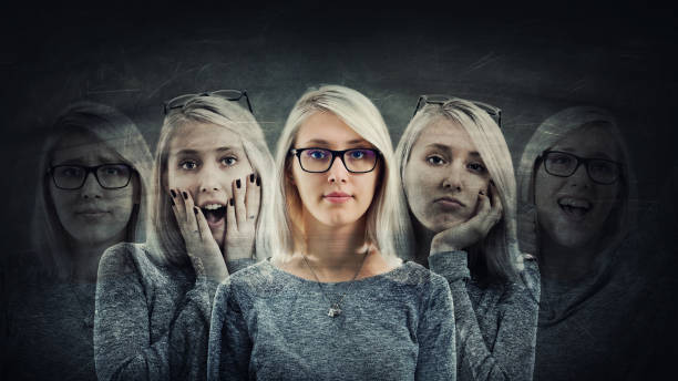 multipolar disorder Young woman suffer split emotions into five different inner personalities. Multipolar mental health disorder concept. Schizophrenia psychiatric disease. Face expressions and reactions mood change. janus head stock pictures, royalty-free photos & images