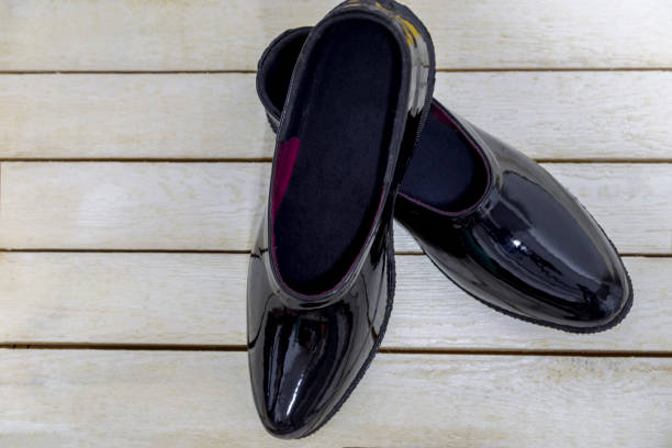 istock Pair rubber galoshes stand on wooden boards 1074130356