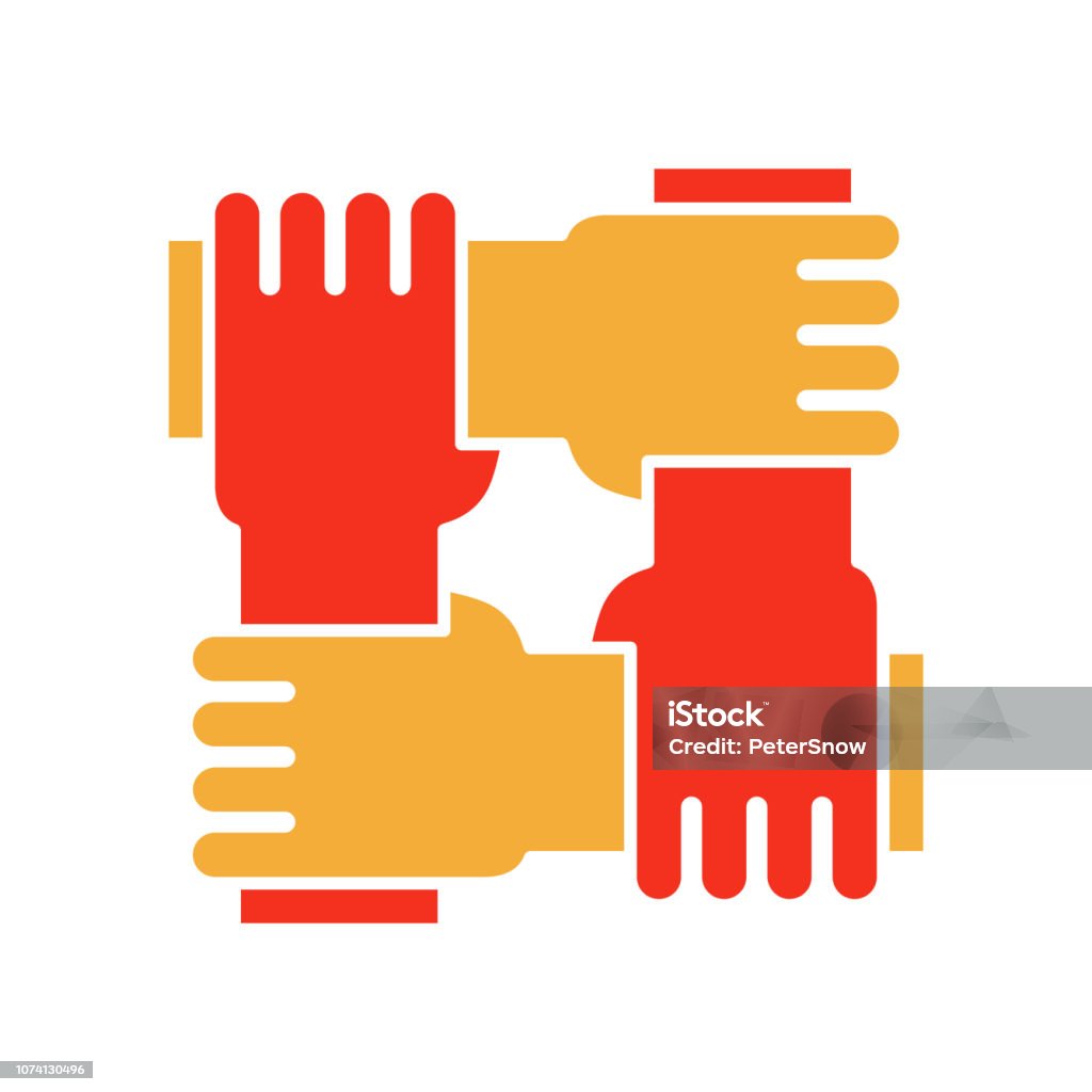 4 hands holding eachother. Vector flat glyph icon for concepts of racial equality, teamwork, community and charity. Vector eps10 Hand stock vector