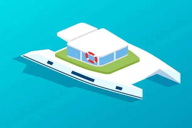 Vector illustration of Motor boat, ship with passenger cabin. Transportation of people.