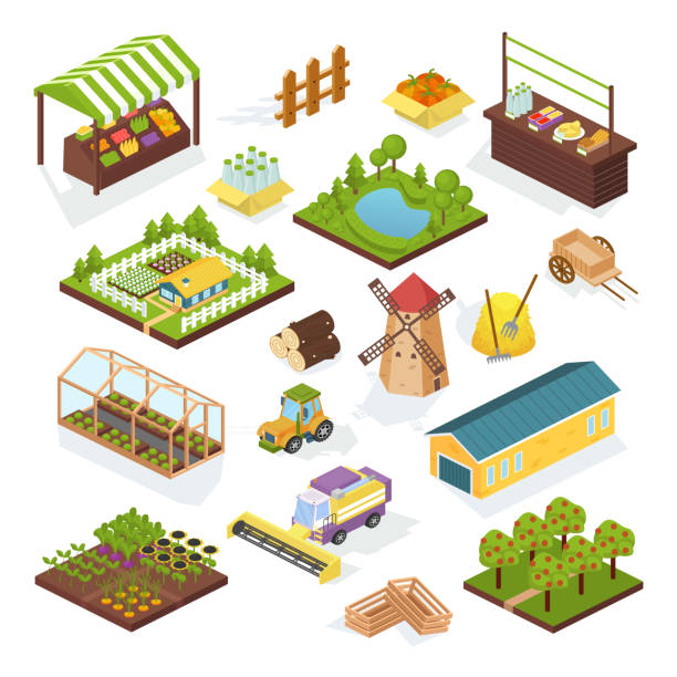 Set of objects agriculture, farm. Isometric vehicles, buildings, plantings. Set of objects agriculture, farm, vehicles, buildings greenhouse and mill, rural landscape. Store of food, market of healthy garden products, farm local market, selling organic food. Isometric vector. garden tractor stock illustrations