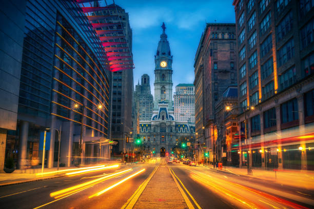 Philadelphia's City Hall at dusk Philadelphia's historic City Hall at dusk bell photos stock pictures, royalty-free photos & images