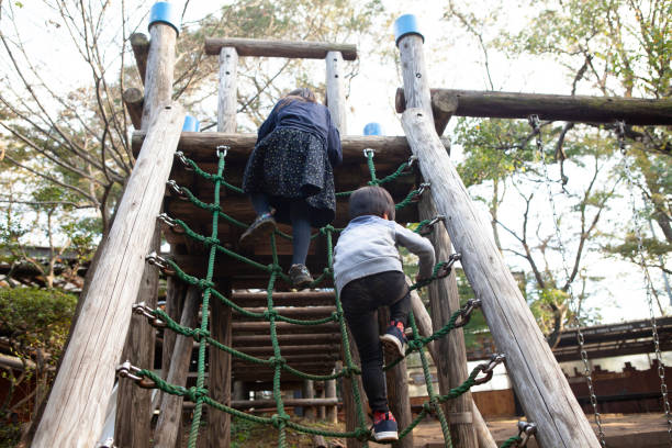 istock Young Siblings playing with park net type playground equipment. 1074146302