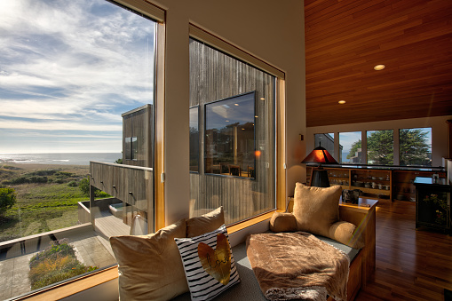 Home Interior: window seat by oceanfront home in California