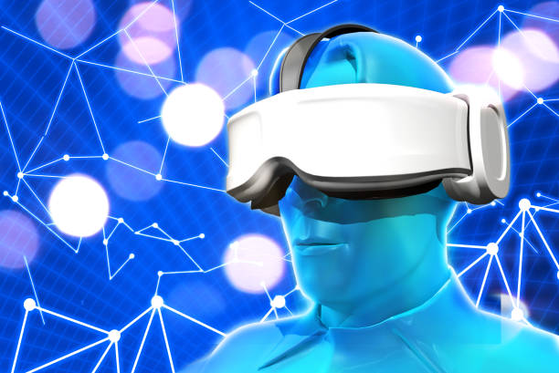 istock 3D rendering,simulation man wear virual reality headset with background digital grid space for futuristic concept 1074153262