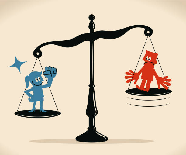 Equal-arm balance scale with businesswoman and businessman Blue Little Guy Characters Full Length Vector art illustration.Copy Space.
Equal-arm balance scale with businesswoman and businessman. gender equality at work stock illustrations