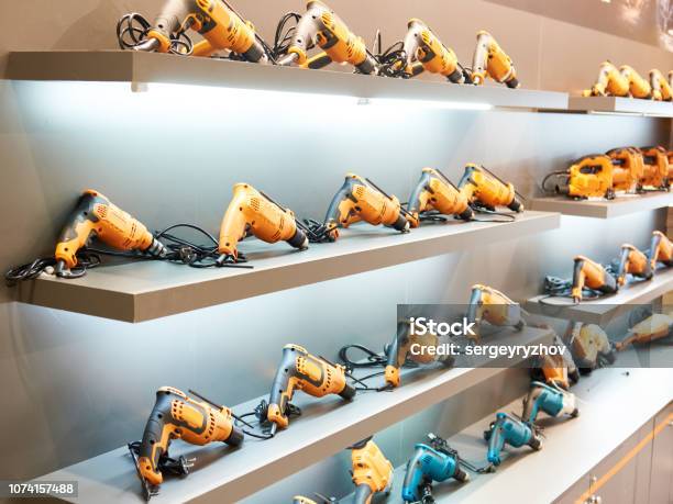 Drills In Hardware Store Stock Photo - Download Image Now - Hardware Store, Work Tool, Store