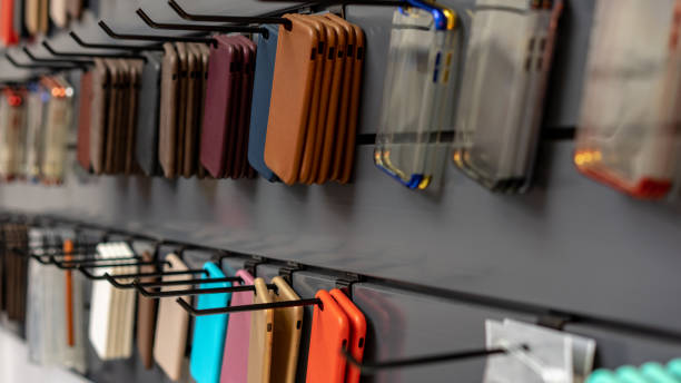 colorful phone cases - merchandise multi colored arrangement blue imagens e fotografias de stock