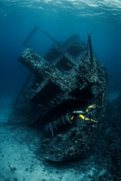 istock Scuba diver exploring a large underwater shipwreck in the Red Sea 1074164742