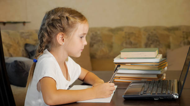 istock Little girl doing homework with laptop 1074173874