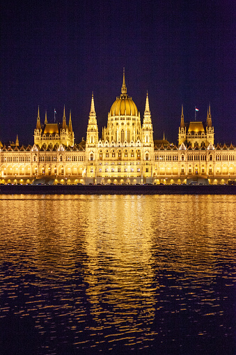 Illuminated historical building of Hungarian Parliament on Danube River Embankment
