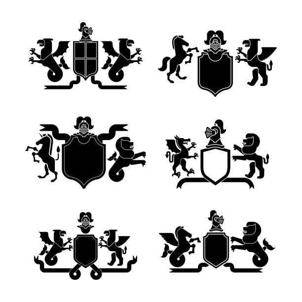 紋章の盾と兜は、シルエットを設定します。幻想獣。テンプレートの紋章デザイン要素。王室の紋章付き外衣。海馬とライオン。ドラゴンやワイバーン。pgasus とグリフィン。 - mythology medieval griffin coat of arms点のイラスト素材／クリップアート素材／マンガ素材／アイコン素材