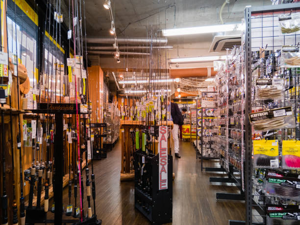 Tokyo, Japan - October 31, 2018: Interior of Tackle berry shop in Shibuya, Tokyo, Japan Tokyo, Japan - October 31, 2018: Interior of Tackle berry shop in Shibuya, Tokyo, Japan fishing gear stock pictures, royalty-free photos & images
