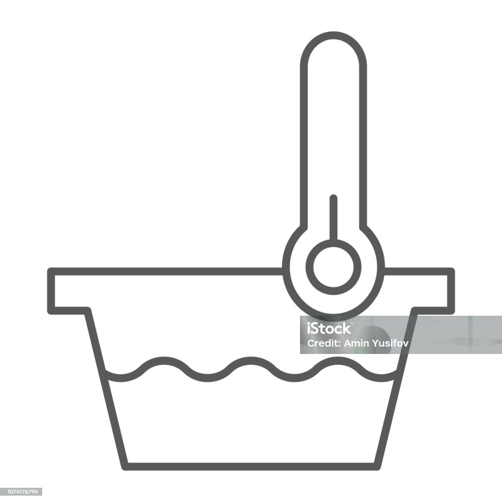 Low temperature thin line icon, indicator and wash, thermometer and basin sign, vector graphics, a linear pattern on a white background. Low temperature thin line icon, indicator and wash, thermometer and basin sign, vector graphics, a linear pattern on a white background, eps 10. Black Color stock vector