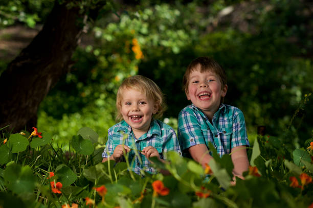 istock Two brothers sitting together laughing mischievously together 1074179458