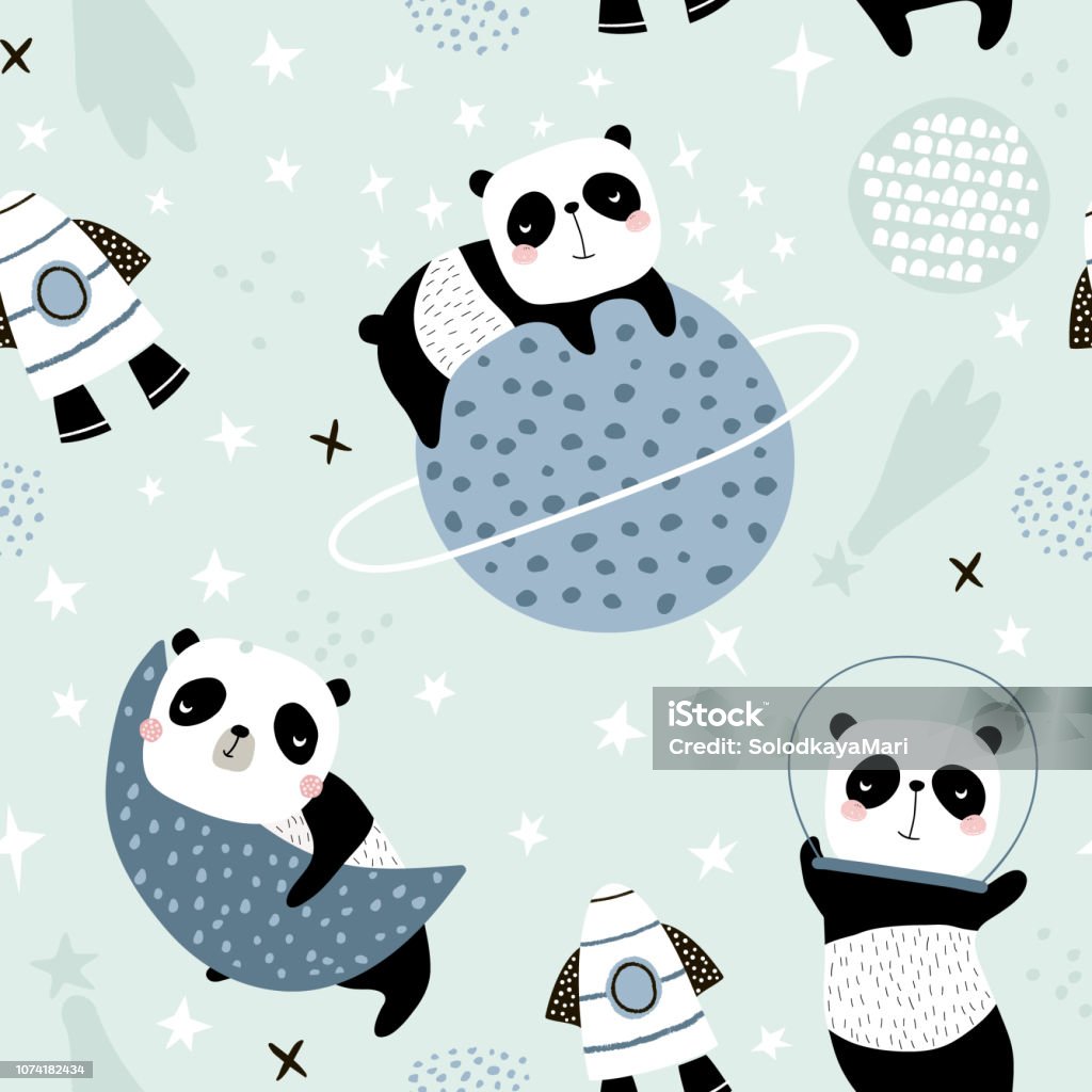 Seamless childish pattern with slepping pandas on moons and starry sky. Creative kids texture for fabric, wrapping, textile, wallpaper, apparel. Vector illustration Panda - Animal stock vector