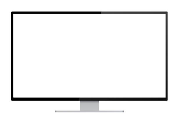 illustrazioni stock, clip art, cartoni animati e icone di tendenza di illustrazione realistica del monitor del computer nero con supporto in argento e schermo isolato bianco vuoto con spazio per il testo o l'immagine - vettore isolato su sfondo bianco - televisore illustrazioni