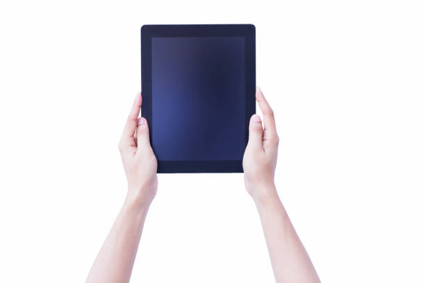 istock Man hand hold tablet blank screen on isolated background concept using for mockup person showing reality black pad up business, person computer technology, female web shopping online, b2c consumer, internet of things with clipping path 1074186986