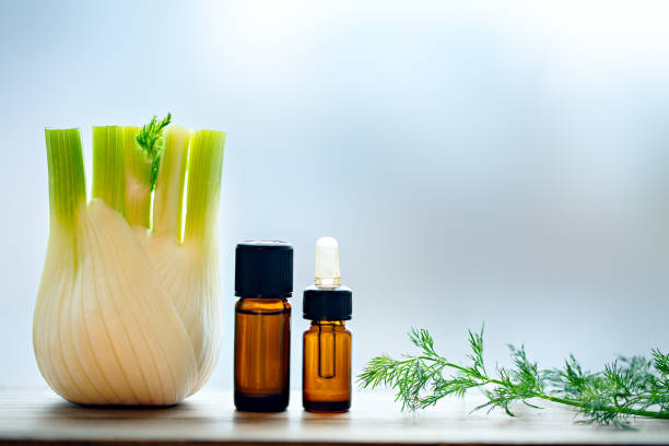 istock Fennel aroma essential oil in bottles 1074187340