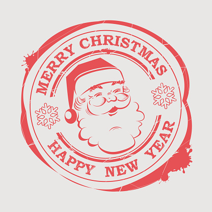 Christmas round stamp with a happy Santa Claus face with text and snowflakes, design element.