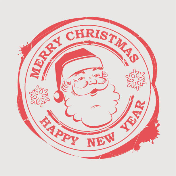 Christmas round stamp with a happy Santa Claus face with text and snowflakes, Christmas round stamp with a happy Santa Claus face with text and snowflakes, design element. frost face stock illustrations