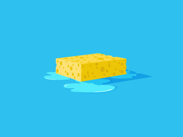 Wet yellow sponge on a floor. Yellow sponge with bubbles. Wet floor. Vector flat illustration. bucket and sponge stock illustrations