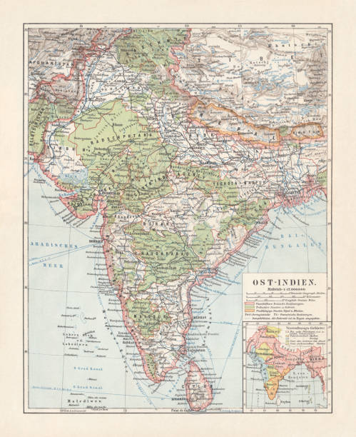 ilustrações de stock, clip art, desenhos animados e ícones de historical map of east india, lithograph, published in 1897 - india map cartography topographic map