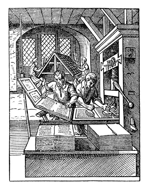 warsztat drukarski, xvi wiek - engraved image gear old fashioned machine part stock illustrations