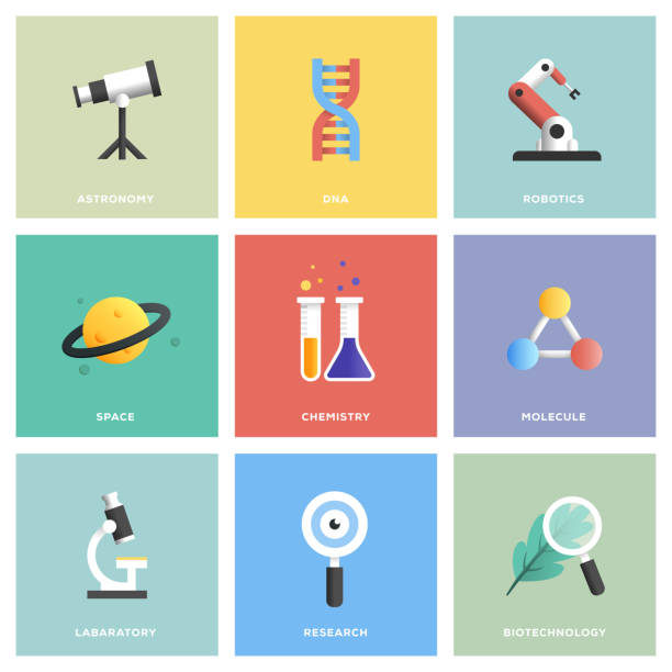 ilustraciones, imágenes clip art, dibujos animados e iconos de stock de conjunto de iconos de ciencia - science innovation microscope healthcare and medicine