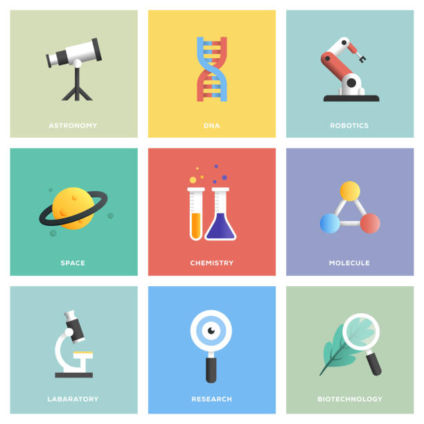 ilustrações de stock, clip art, desenhos animados e ícones de science icon set - microscope scientist science vector