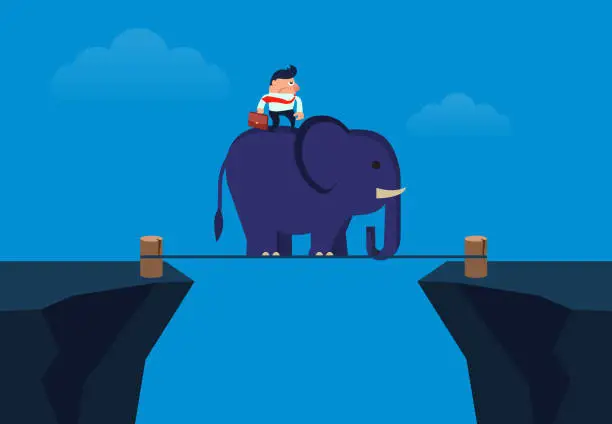 Vector illustration of Businessman standing on the back of an elephant walking a wire rope